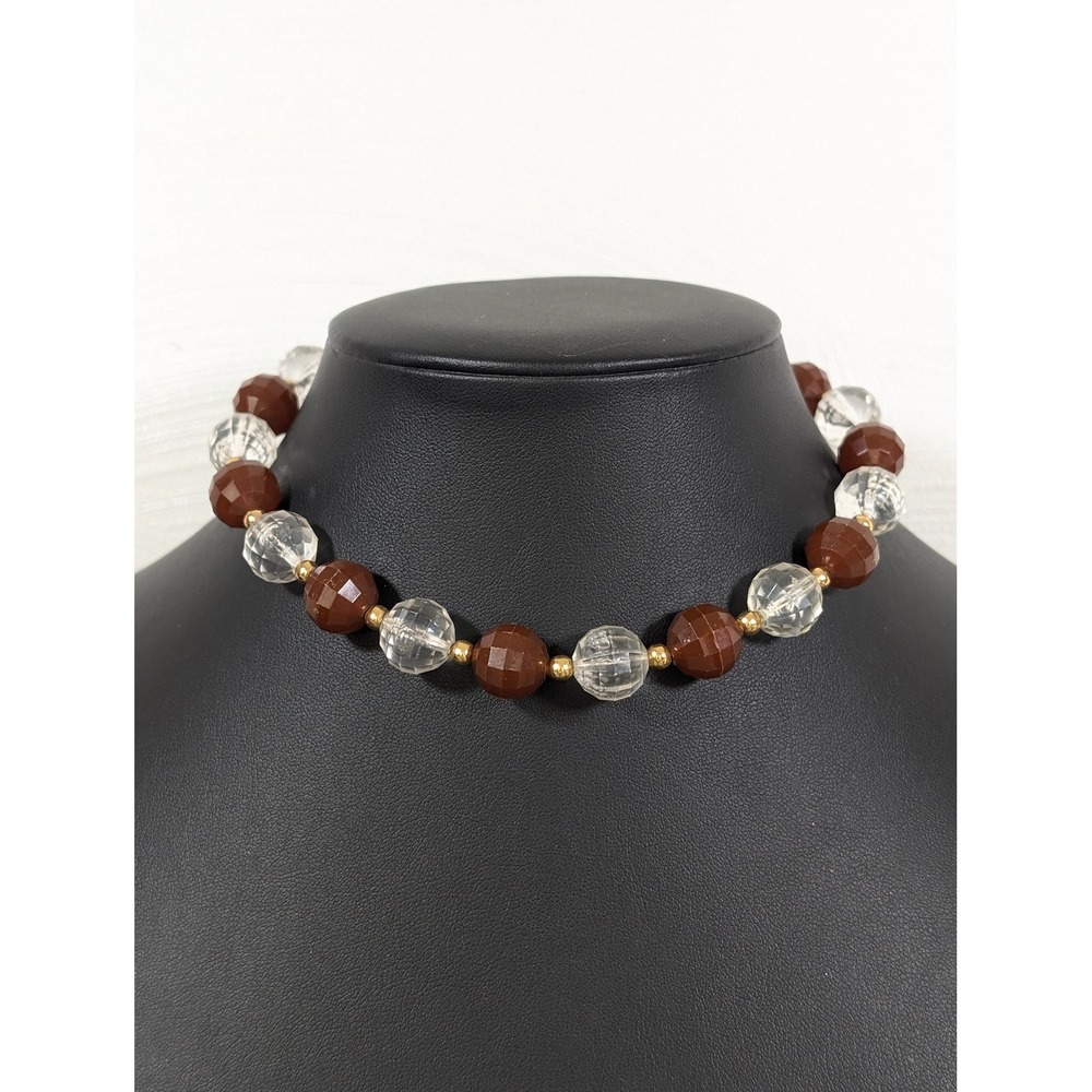 Vintage Lucite Bead Choker Necklace Clear Brown Gold Tone Adjustable 15.5"